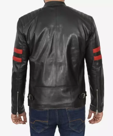 Men's Black Cafe Racer Leather Jacket With Red Striped