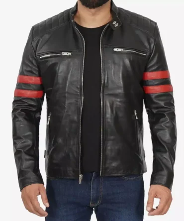 Men's Black Cafe Racer Leather Jacket With Red Striped