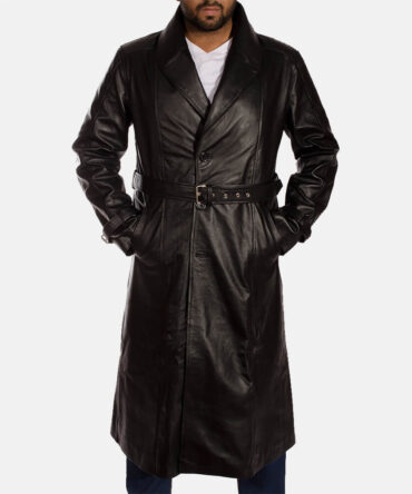 Hooligan Mens Black Leather Trench Coat