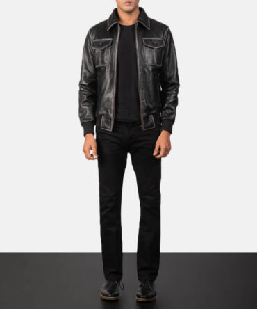 Aaron Mens Black Leather Bomber Jacket