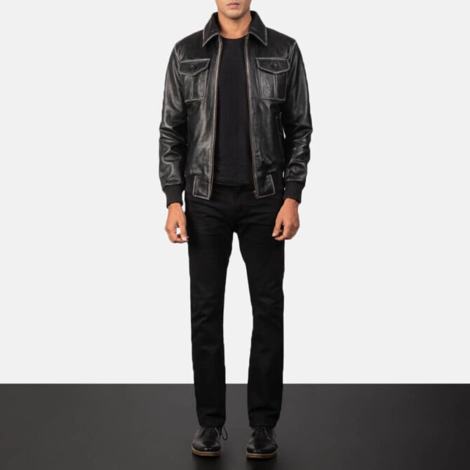 Aaron Mens Black Leather Bomber Jacket