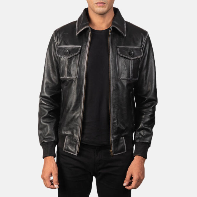 Aaron Mens Black Leather Bomber Jacket