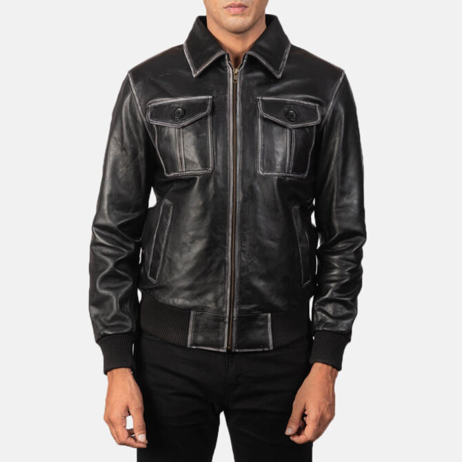 Aaron Mens Black Leather Bomber Jacket