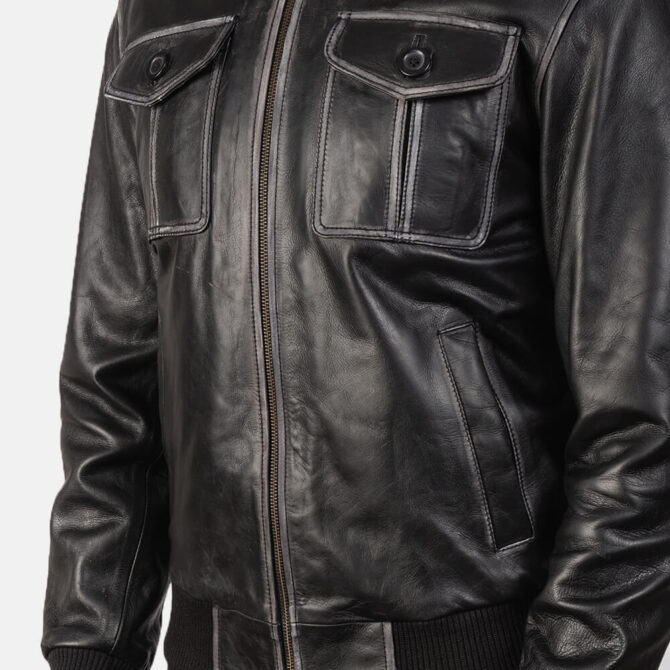 Aaron Mens Black Leather Bomber Jacket