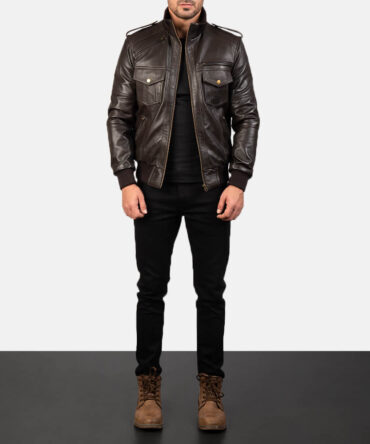 Agent Shadow Mens Brown Leather Bomber Jacket