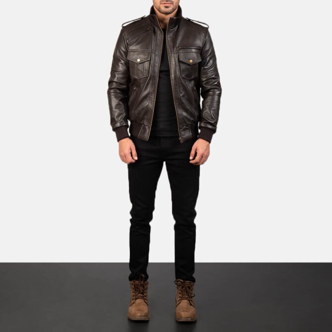 Agent Shadow Mens Brown Leather Bomber Jacket