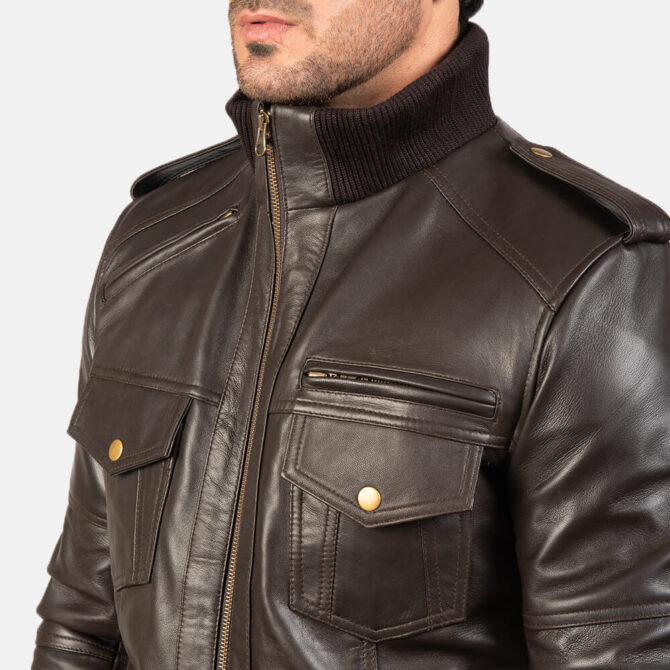 Agent Shadow Mens Brown Leather Bomber Jacket