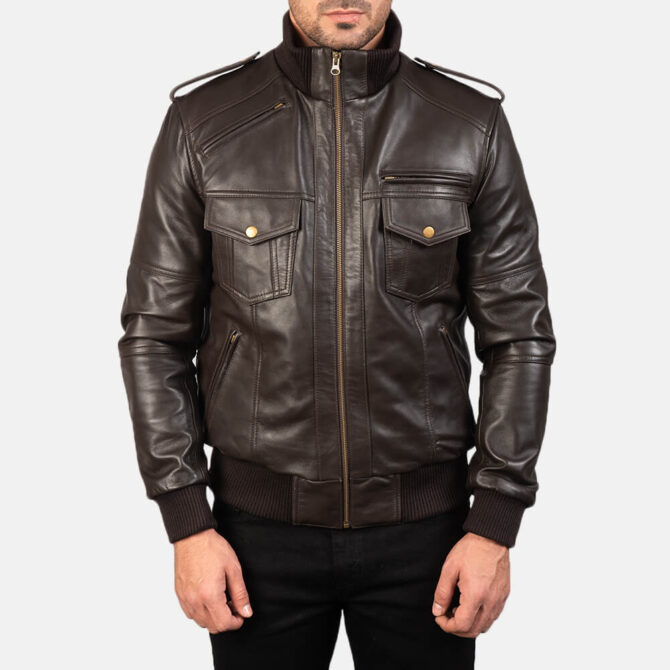 Agent Shadow Mens Brown Leather Bomber Jacket