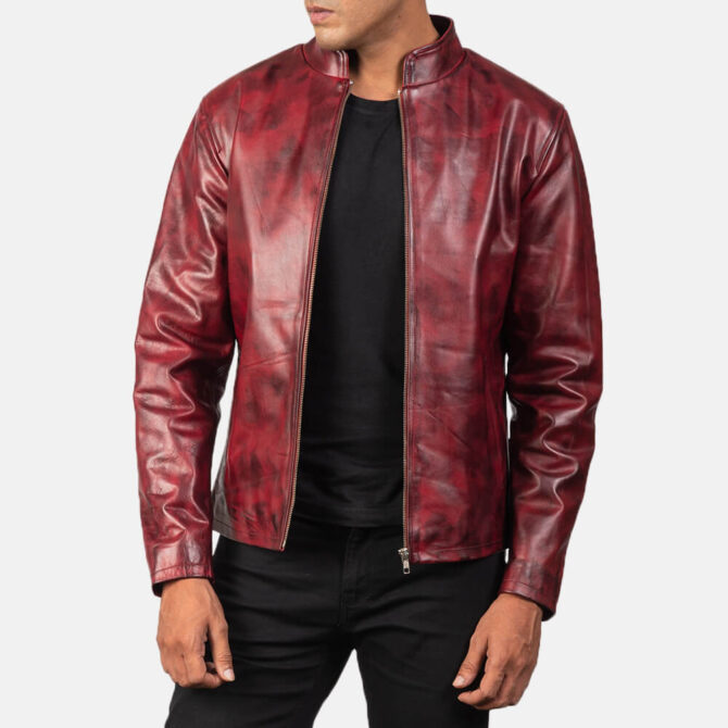 Alex Mens Distressed Burgundy Vintage Leather Jacket