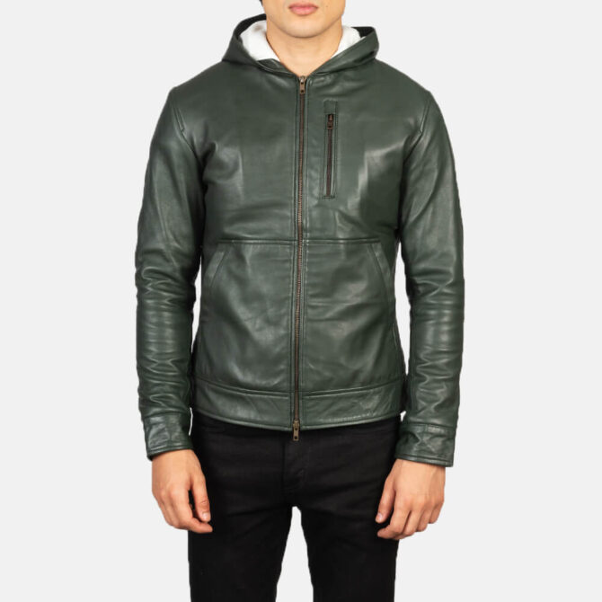 Baston Mens Green Hooded Leather Bomber Jacket