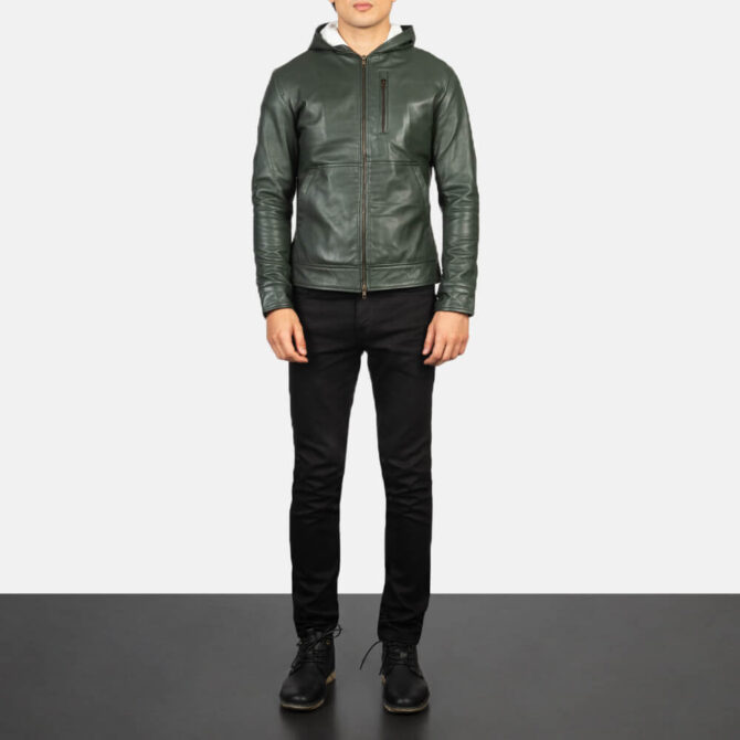 Baston Mens Green Hooded Leather Bomber Jacket