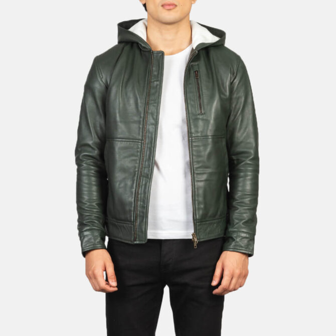 Baston Mens Green Hooded Leather Bomber Jacket