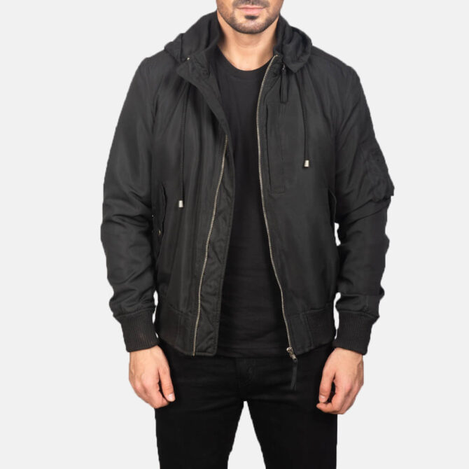 Black Hooded Mens Bomber Jacket