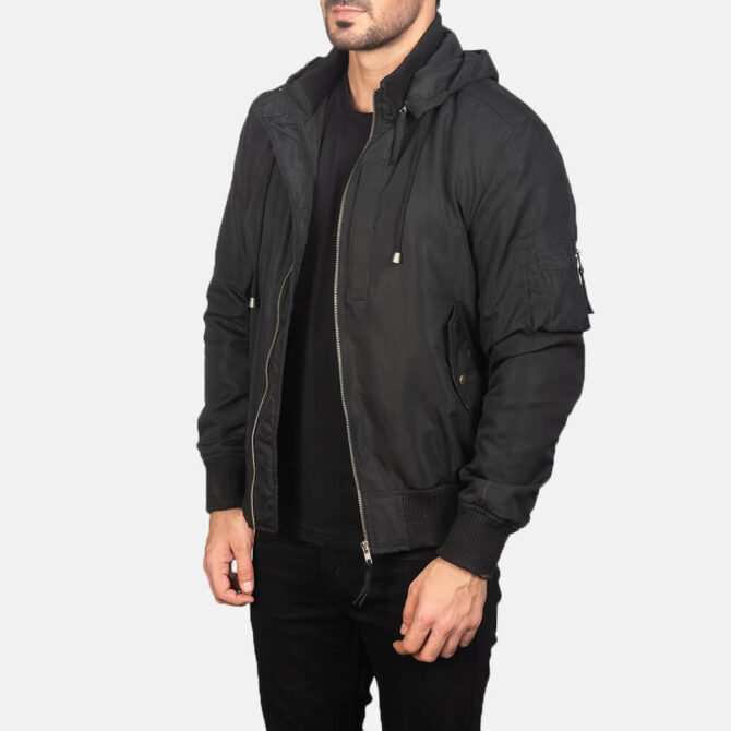 Black Hooded Mens Bomber Jacket