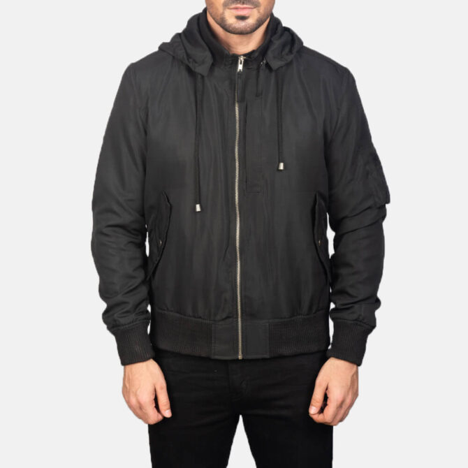 Black Hooded Mens Bomber Jacket