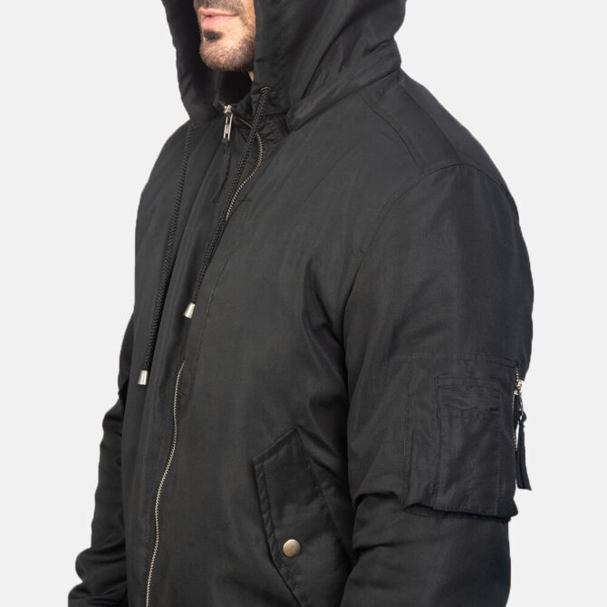 Black Hooded Mens Bomber Jacket