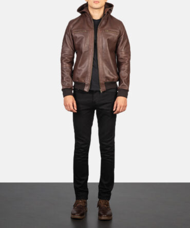 Mens Brown Leather Bomber Hooded Jacket