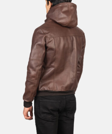 Mens Brown Leather Bomber Hooded Jacket