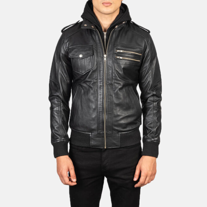 Mens Black Hooded Leather Bomber Jacket