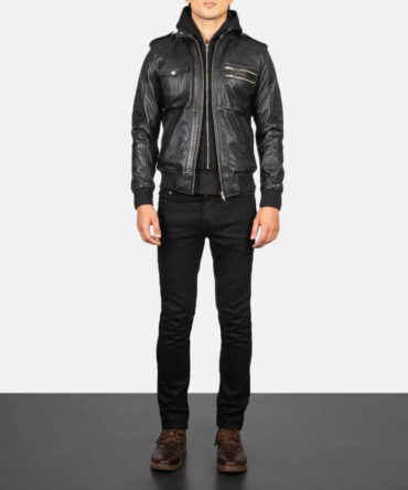 Mens Black Hooded Leather Bomber Jacket