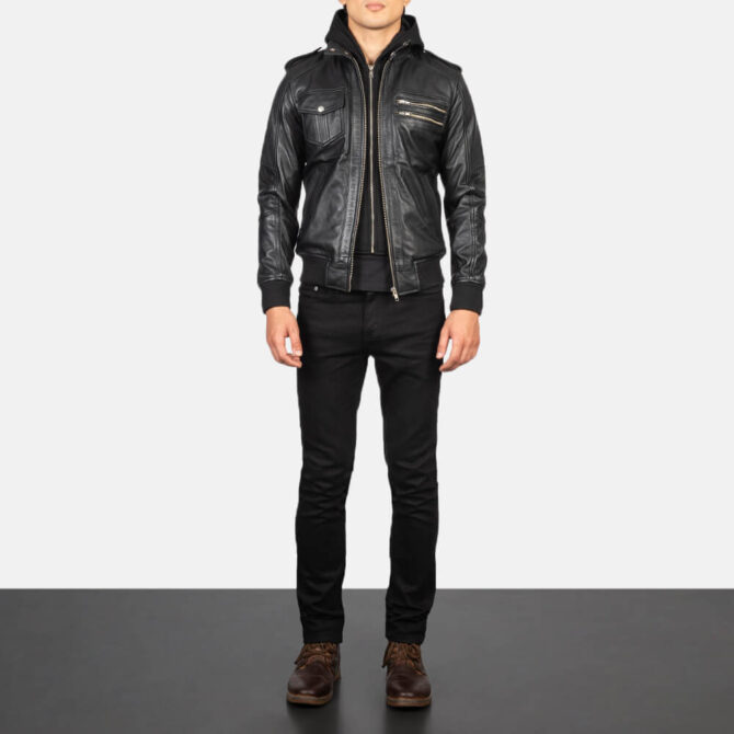 Mens Black Hooded Leather Bomber Jacket