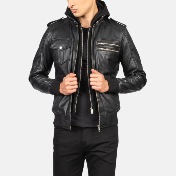 Mens Black Hooded Leather Bomber Jacket