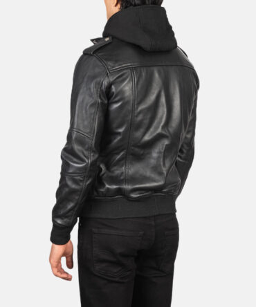 Mens Black Hooded Leather Bomber Jacket