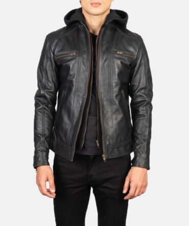 Hector Mens Black Hooded Leather Biker Jacket