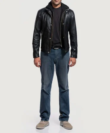 Mens Black Hooded Leather Jacket