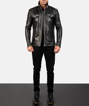 Hudson Black Leather Biker Jacket For Mens