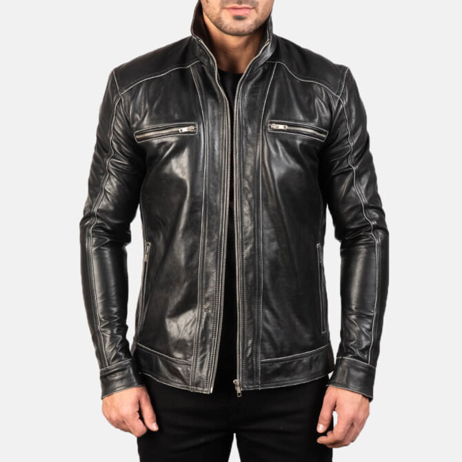 Hudson Black Leather Biker Jacket For Mens