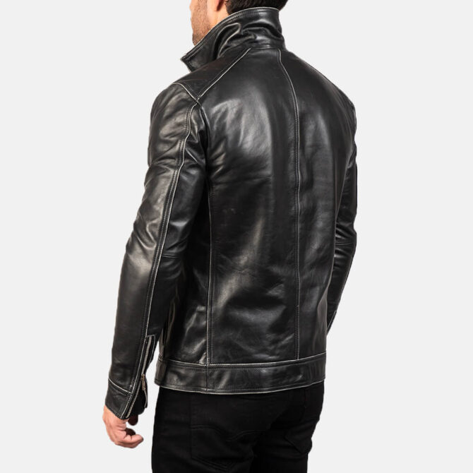 Hudson Black Leather Biker Jacket For Mens