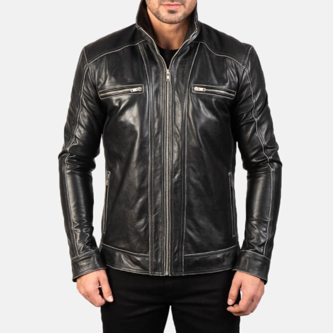 Hudson Black Leather Biker Jacket For Mens