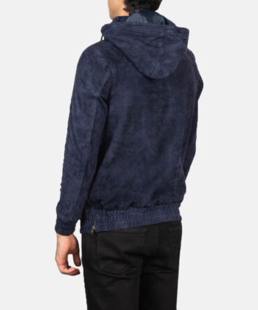 Mens Hooded Blue Suede Pullover Jacket