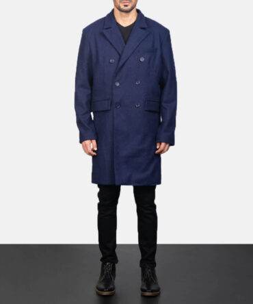 Claud Mens Blue Wool Double Breasted Coat