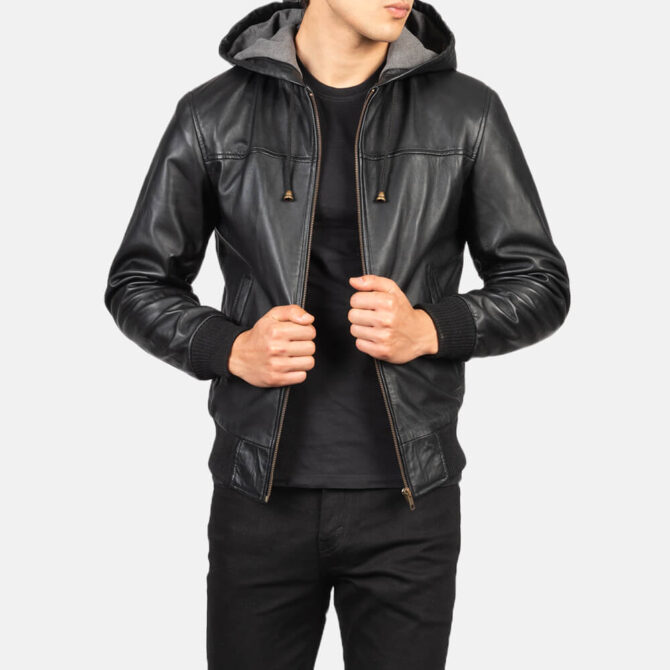 Nintenzo Mens Black Hooded Leather Bomber Jacket