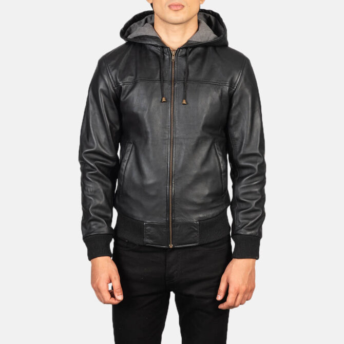 Nintenzo Mens Black Hooded Leather Bomber Jacket