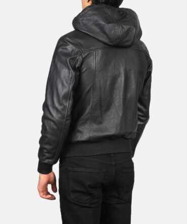 Nintenzo Mens Black Hooded Leather Bomber Jacket