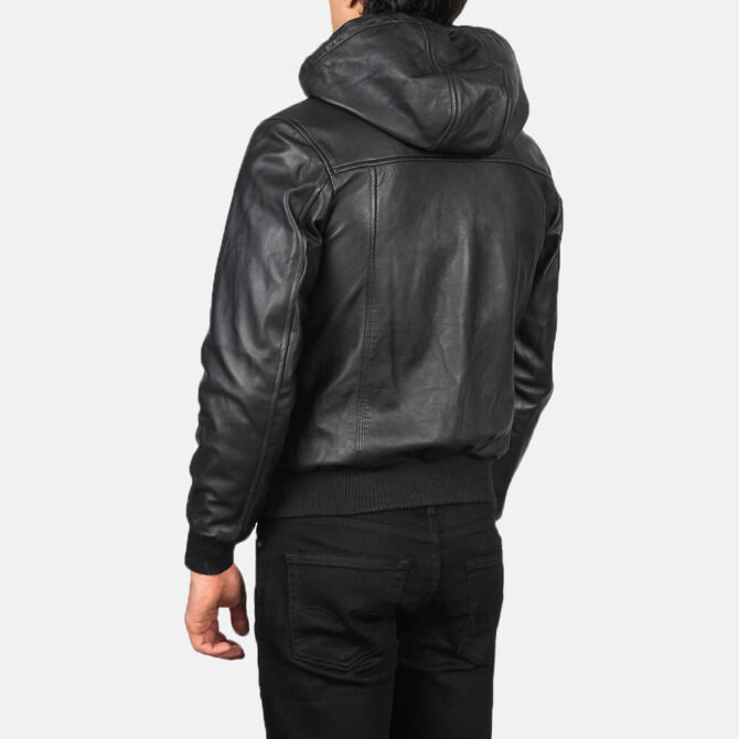 Nintenzo Mens Black Hooded Leather Bomber Jacket