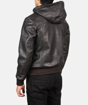 Mens Brown Hooded Leather Bomber Jacket