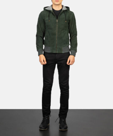 Mens Green Hooded Suede Bomber Jacket