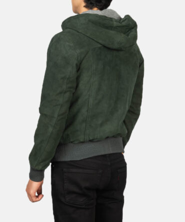 Mens Green Hooded Suede Bomber Jacket