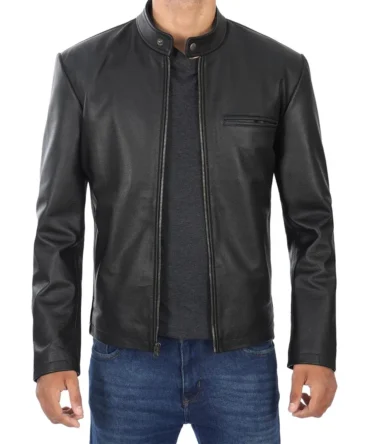 Men's Black Leather Cafe Racer Jacket