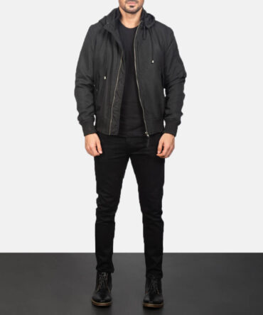 Black Hooded Mens Bomber Jacket