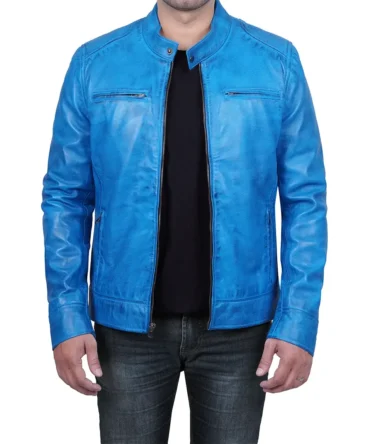 Mens Cafe Racer Blue Leather Jacket