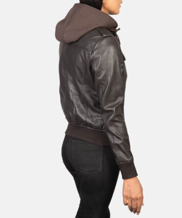 Roslyn Women Brown Hooded Bomber Leather Jacket