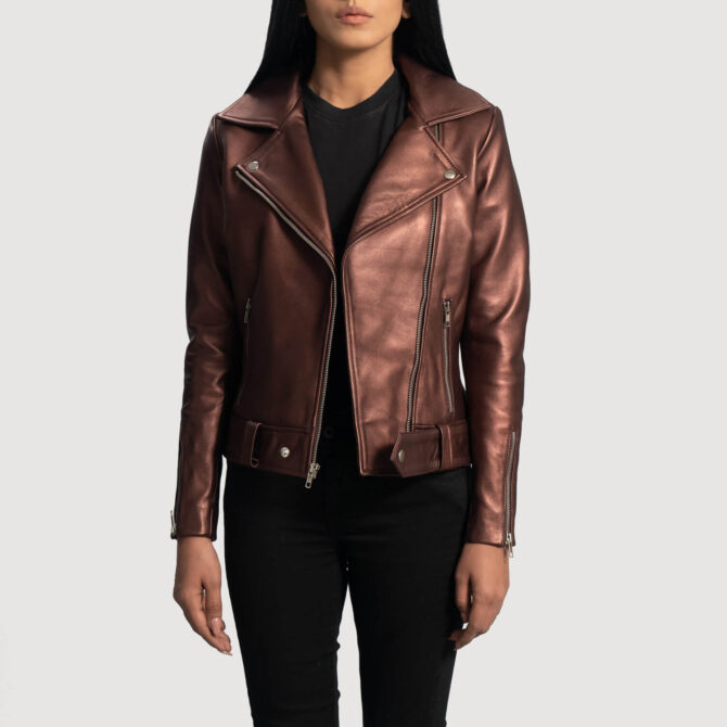 Rumy Women Maroon Biker Leather Jacket