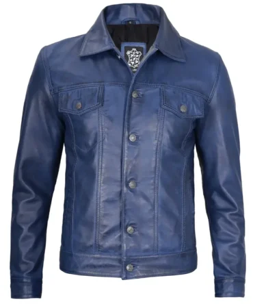 Mens Lambskin Blue Trucker Leather Jacket