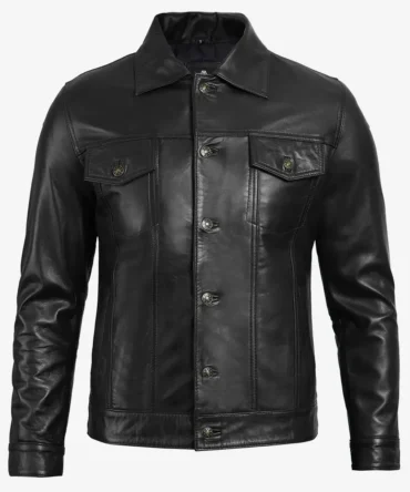 Mens Black Leather Trucker Jacket