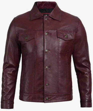 Men's Lambskin Maroon Trucker Leather Jacket